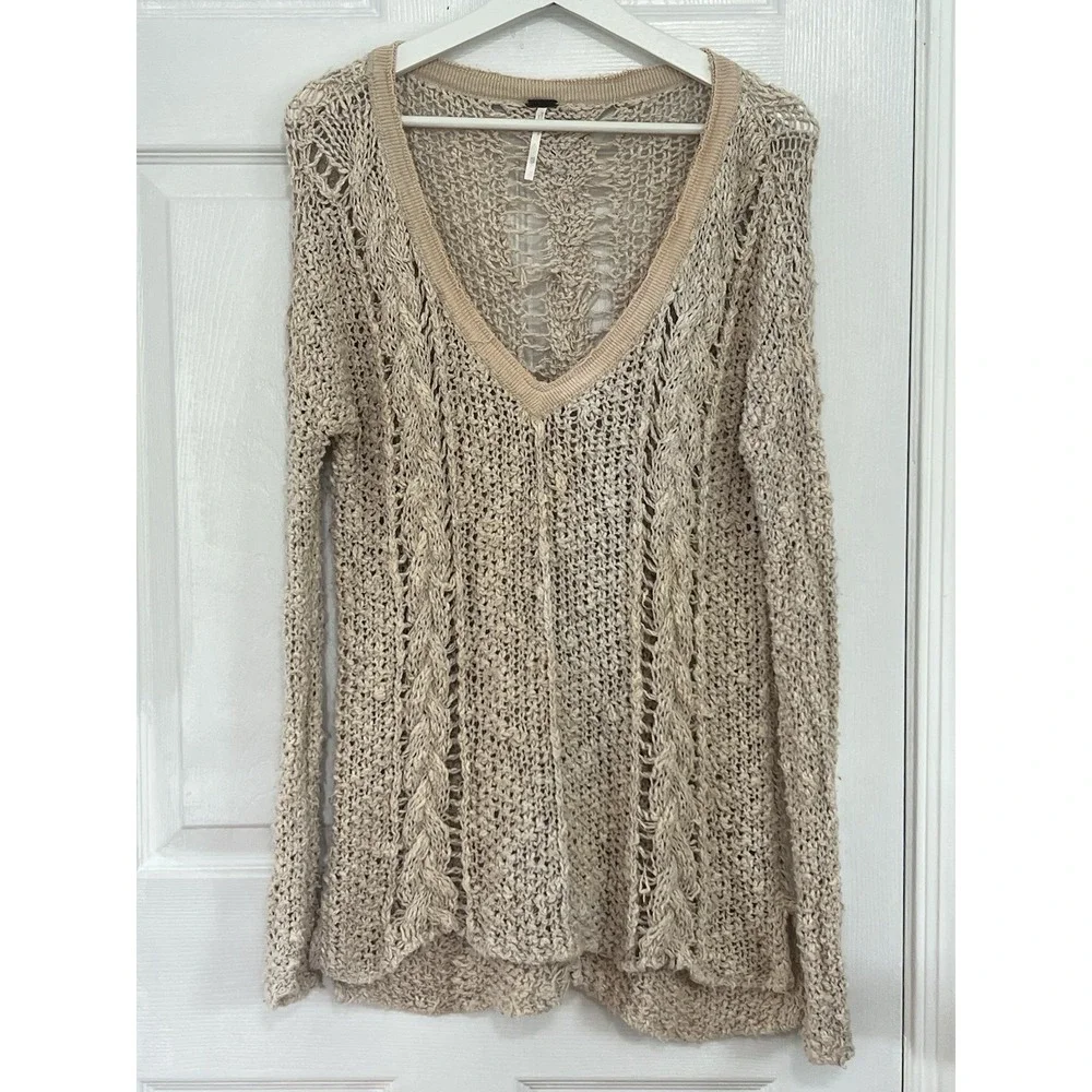 Free People Boho Open Knit Sweater Beige V Neck Beachy Crochet Coastal Top Sz XS